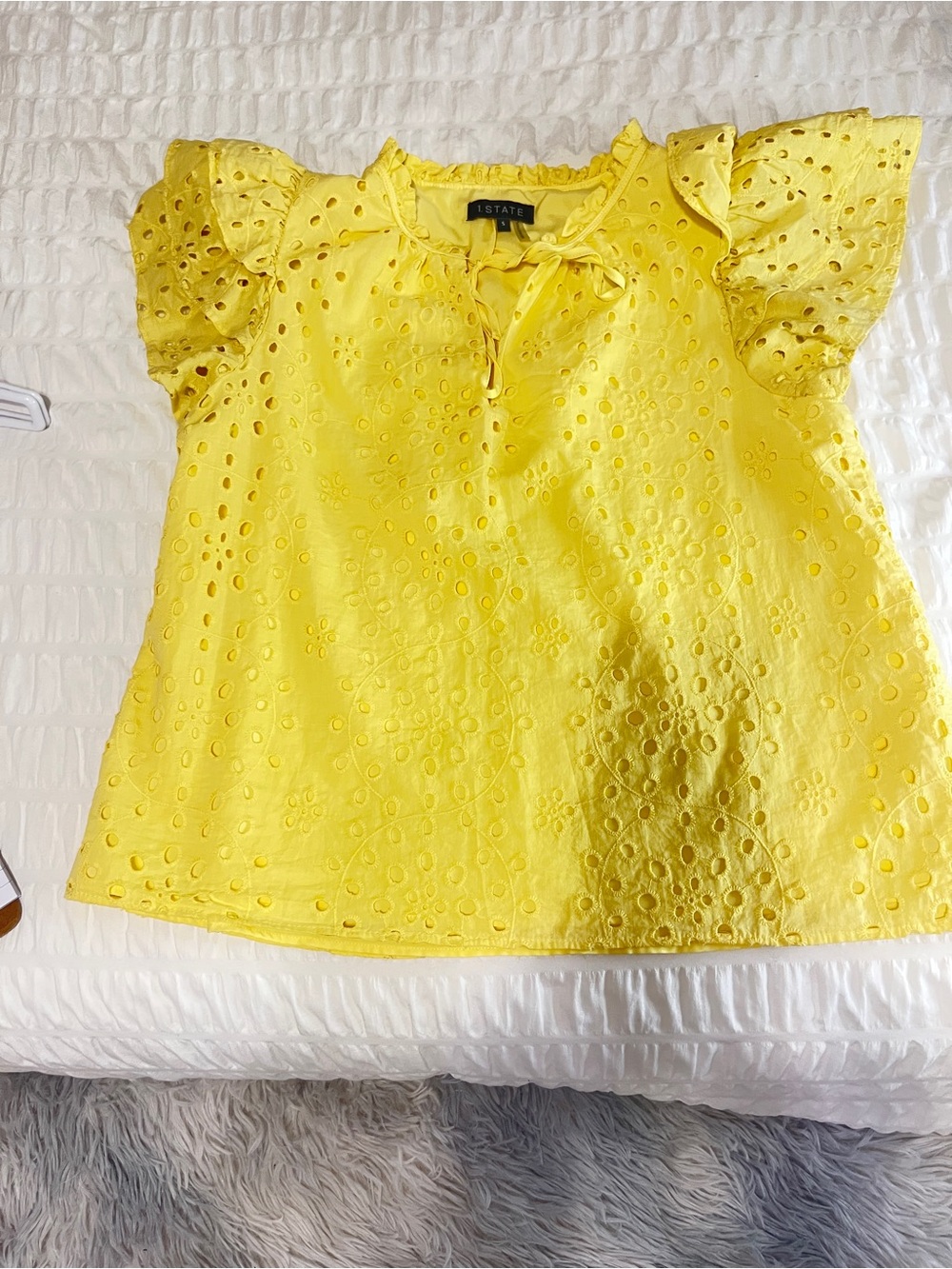 1 STATE Mustard Yellow Embroidered Eyelet Flutter Sleeve Top